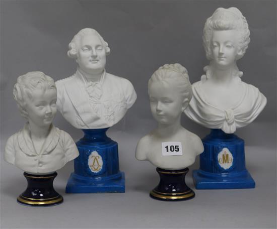 A pair of Sevres style biscuit porcelain busts of Louis XVI and Marie Antoinette and 2 similar busts of children after Houdon